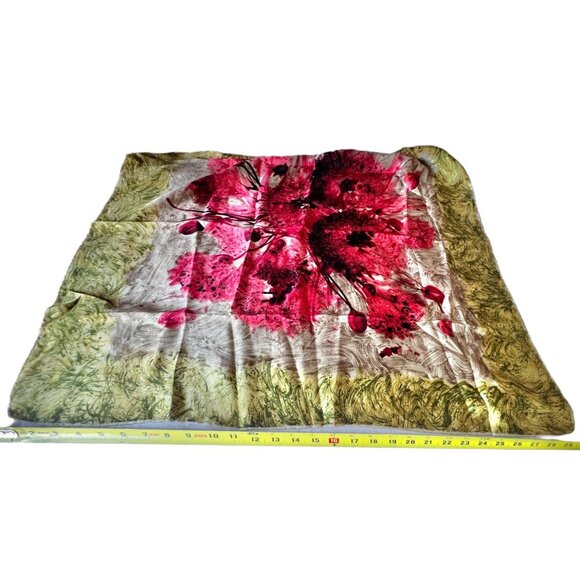 Silk Scarf 30" x 30" Abstract Red Floral & Green Design Rolled Hem - Picture 3 of 7
